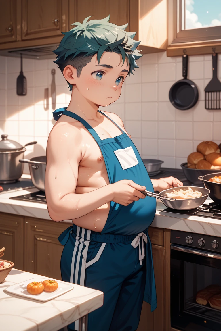 (shirtless ,school swimpants ,ash hair ,young boy ,chubby)sweat ,apron ,cooking