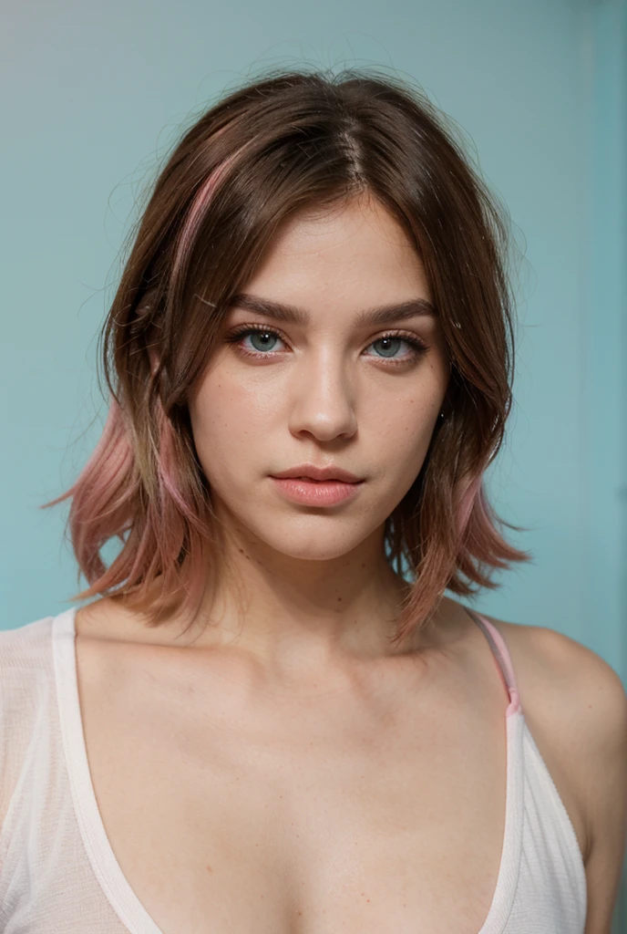 photo of (el10lsen-130:0.99), closeup portrait, perfect short hair, (modern photo, Lip Pink sexy graphic tee), 24mm, (analog, cinematic, film grain:1.3), ((plain Grapefruit Pink background, gradient:1.1)), detailed eyes, (seductive pose), (epicPhoto), upper body, (looking at viewer), smiling