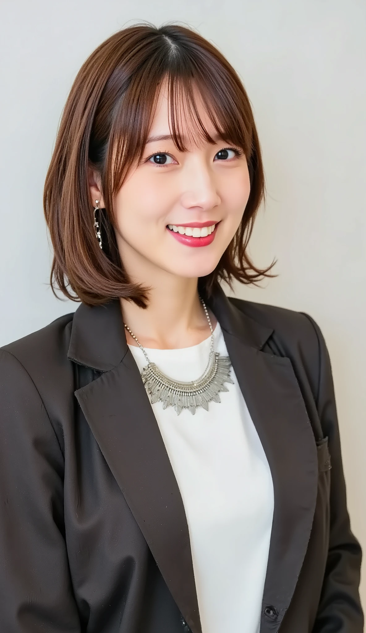 Neat Young Woman、and look at the camera、office lady suit、jacket、shirt、necklace、ear piercing、黒髪、、smile showing teeth、背景はオフィス