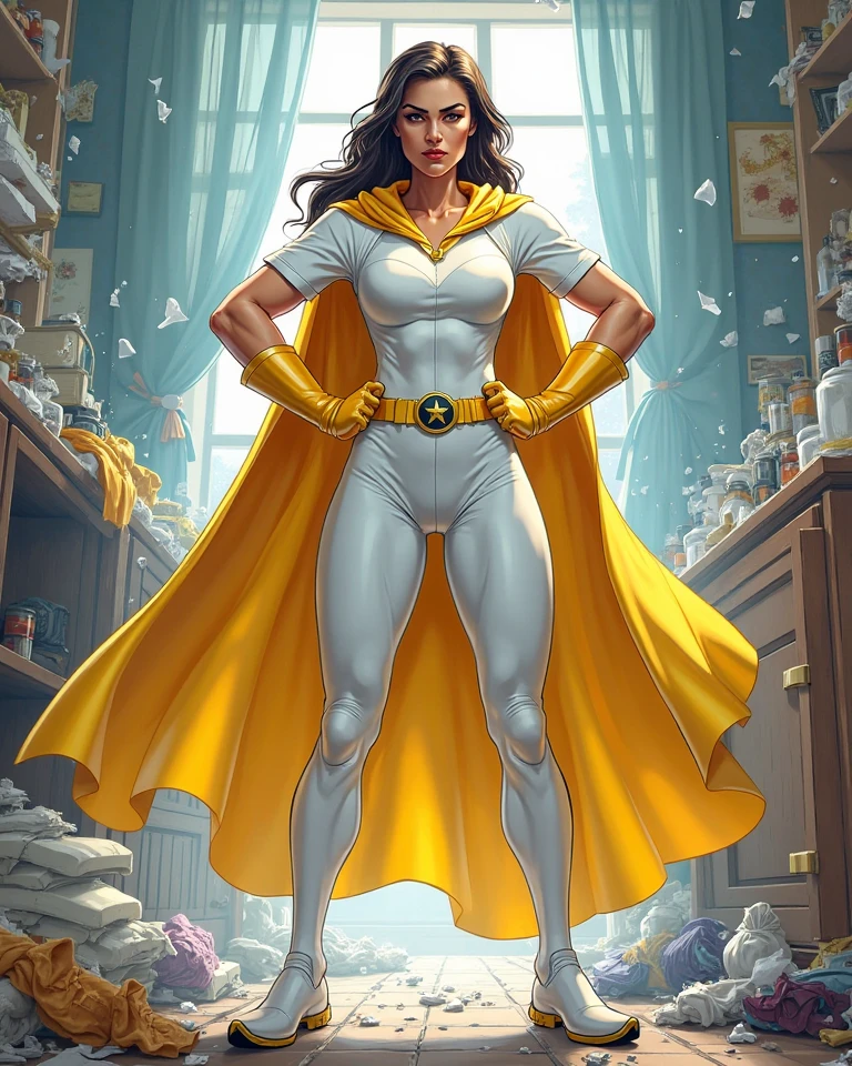 Gorgeous and sultry busty athletic (thin) brunette with sharp facial features and a (large nose) and (huge boobs) wearing a long-sleeve white and gold superhero leotard, cape, gloves, thigh-high boots, city street. Flexing arm.