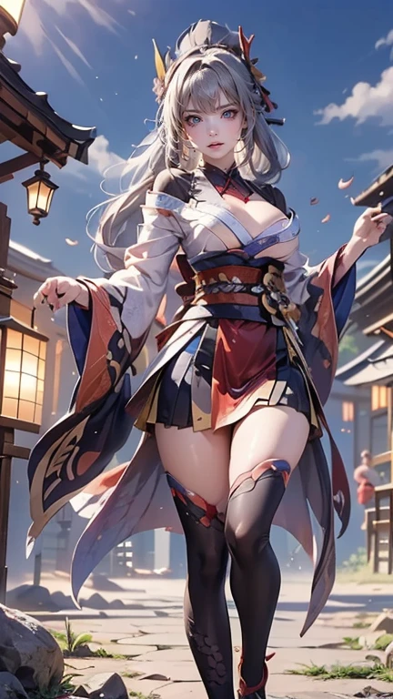 {{{masterpiece}}}, {{{best quality}}}, {{ultra-detailed}}, {illustration}, {{an extremely delicate and beautiful}},(Edo townscape),1girl,smile, cute girl, solo, japanese clothes,short hair, (white hair:1.5),weapon,( sword:1.2), brown eyes, looking at viewer, kimono,(Clothes come off:1.5), brown hair, lips, hand on hip,( sheath:1.2),( katana:1.3), full body, closed mouth, sheathed, hand up,(upskart:1.5),(white panties:1.2),(Kneeling:1.3)