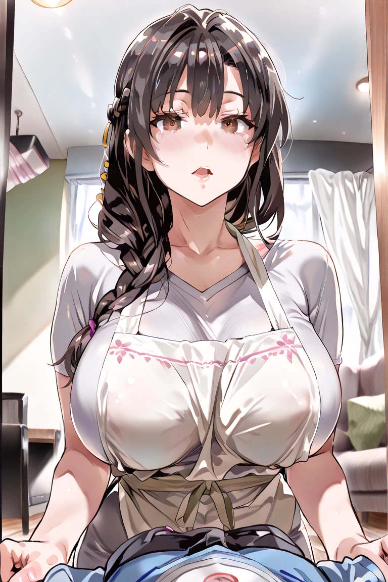 (Mature Woman:1.5), (mother:1.5), Ishtar, Fate Grand Order, (absurderes, 8K, 4K, masutepiece, hyper extreme detailed:1.2), Best Quality, Perfect Anatomy,Perfect face,Facing forward,High humidity, (alone:1.2), (Sweaty:1.3), shortness of breath, High humidity, humid, (Black Hair:1.1), Red eyes, Looking into the camera, (Very large breasts:1.5), Light clothing, apron, (kitchen;1.1), (Having a conversation:1.5), (Speech bubble:1.2), A kind smile, relief, peace of mind, mother性, Cooking, have a ladle, pot, pot-au-feu