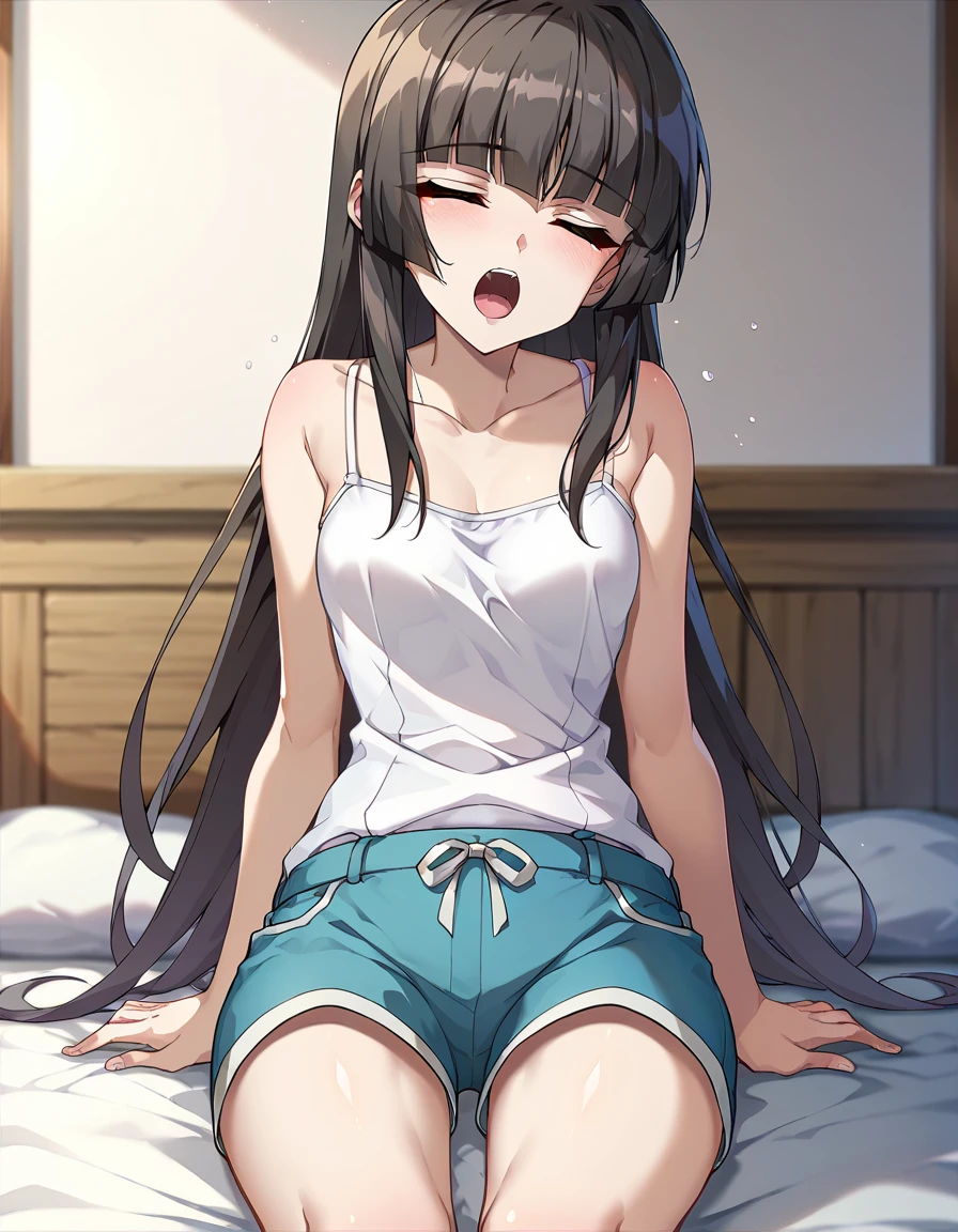 (masterpiece,Best Quality,Detailed beautiful face and eyes:1.3,Perfect Anatomy:1.3,beautiful illustrations,best anime:1.3), (1man and 1woman,having sex:1.3)、man on top,((vaginal penis:1.3),cowboy shot,(1woman,solo),18歳の美女、brown hair、long hair ,blunt bangs,brown eyes,crying,open mouth,drooling,perfect proportion,slender body,skinny,medium breasts,naked,nipples,gleaming skin,oliy skin,shiny skin,(汗でびしょ濡れ:1.2,濡れて透けた衣服:1.2),lying,on back,スポーツウェア、white tight tank top,midriff top,bottomless,vagina,広い運動場、学園、日中、日差し