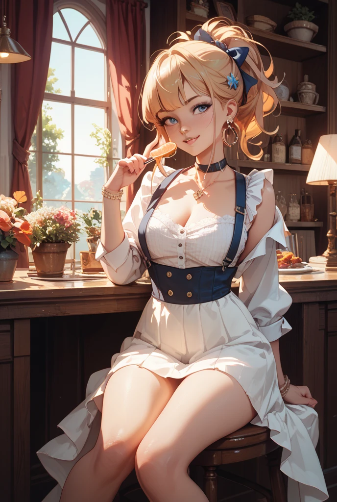 1 girl, Princess Zelda, blonde hair, short hair, blue eyes, soft, soft light, delicate, frills, small breasts, nipples, frilly, happy and excited, choker with a bow, ruffles, blue and white garters, teasing, vagina, no panties, spread legs, thighhighs, feet, cum