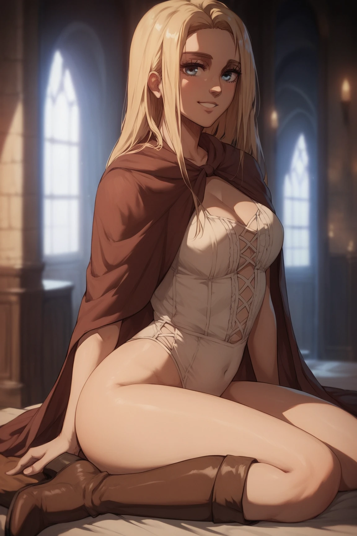 arms behind back, sitting, Pushing hips forward, Open legs wide, spread legs,
smile,Open your mouth, embarrassed, Licking one&#39;s lips, nsfw, bewitching pose, (((vulgarity))), sweat,Dripping water,My whole body is wet,heavy breathing, humid, fog,(Stuffy armpits:1.2),
djeeta,Zeta,One Girl,Blonde,Shiny Hair,short hair,hair band,Brown eyes,teenage,cute,
very shiny 肌,Shiny body,plastic glitter 肌,exaggerated shiny 肌,illuminated 肌,
(Huge breasts, Glamour:1.1),(Huge hips),Tight waist,Long legs,curve,Cleavage,erotic,Bold,Revealing clothing,show 肌,
(Realistic eyes, Natural skin texture, Realistic facial details),
High resolution,Sharp focus,(Super detailed,Very detailed),(Very detailed CG unity 8k wallpaper),(((Vibrant colors))),{best illustration},
Beautiful Eyes,Symmetrical eyes,Big eyes:1.5,Seductive eyes,((complete anatomy)),Perfect Fingers,
 pubic hair,(erection of nipple),Camel Toe,
Mysterious underground labyrinth,A lantern that emits a soft glow,Dangerous Dungeon,dark,Mossy wall,Cracked cobblestones,Mysterious atmosphere,Medieval European style,White Rock Sacrificial Altar, (crowd:1.5),
