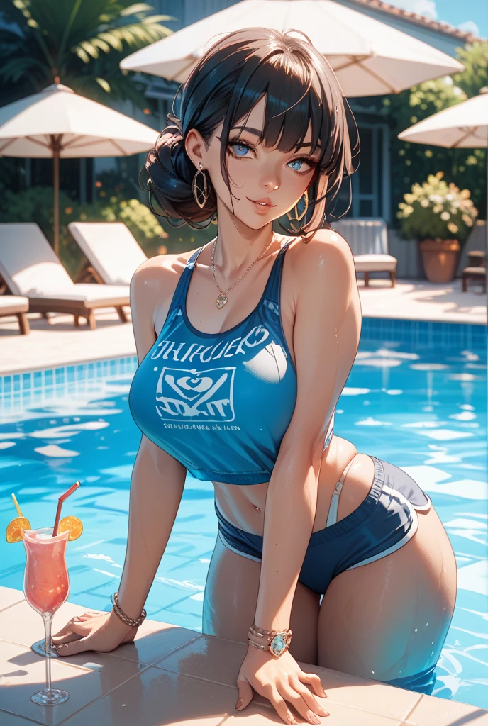 tall, lean figure, long legs, small waist, broad shoulders, black bikini,
