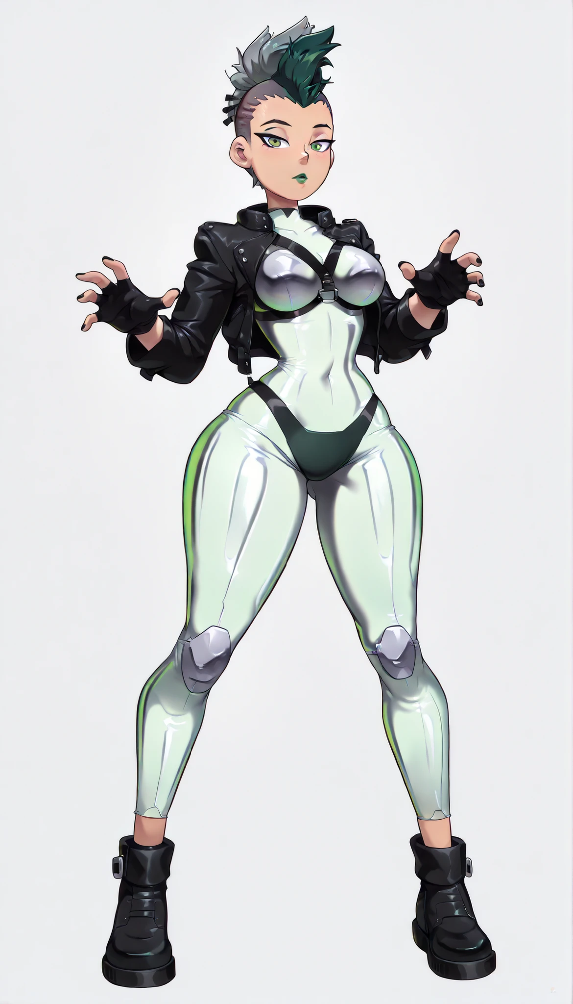 1Girl, solo, (Female), (short hair), green eyes, panties, green hair, (Mohawk mullet hairstyle), (medium breasts), (wide calves), (slender waist), (wide hips), (wide thighs), (breast harness), (perfect hands), (perfect anatomy), (perfect face), (black nail polish), (green lipstick), (Full Body:1.5), (looking at viewer), (black ankle boots), (Simple background), (metallic green eyeliner), Green eyes, calm neutral expression, metallic green latex bodysuit, Black leather jacket, fingerless gloves, (Simple Light Gray Background), simple background, light gray background,