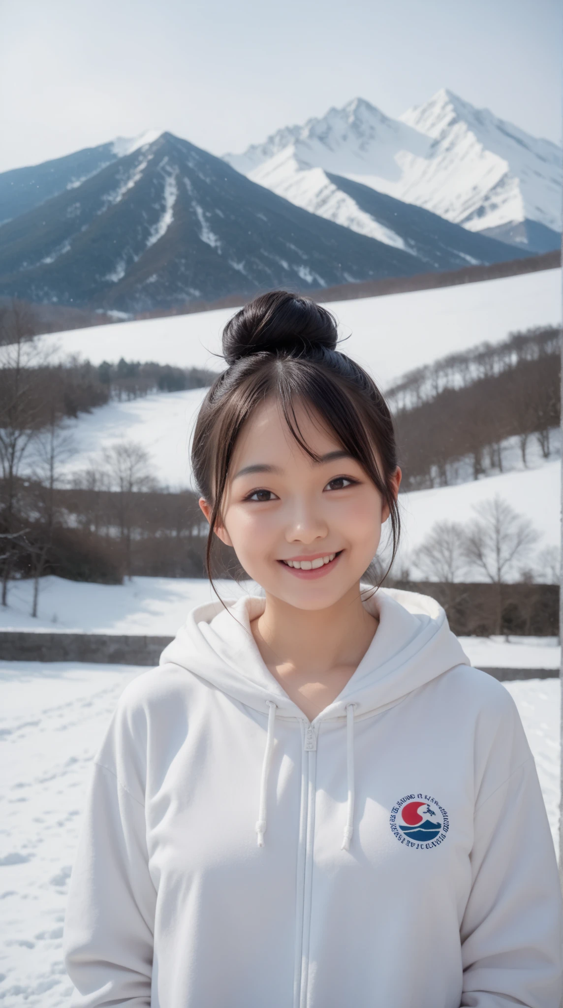 8K, 32K, real, photo-like. A Japanese high school girl with black hair in a bun, smiling, wearing a white hoodie. Her face is large and centered in a close-up shot. The background is a snowy mountain.