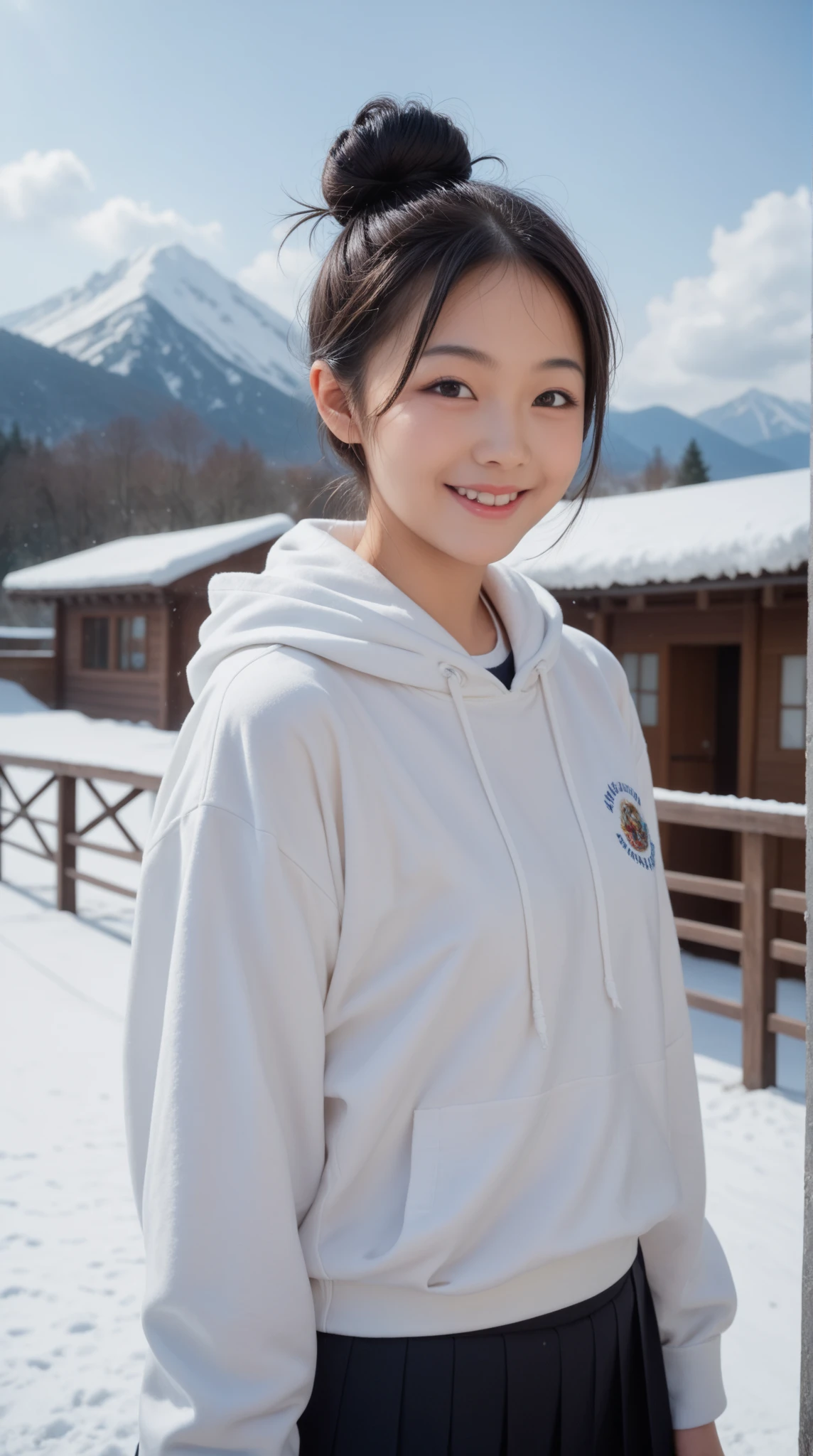 8K, 32K, real, photo-like. A Japanese high school girl with black hair in a bun, smiling, wearing a white hoodie. Her face is large and centered in a close-up shot. The background is a snowy mountain.