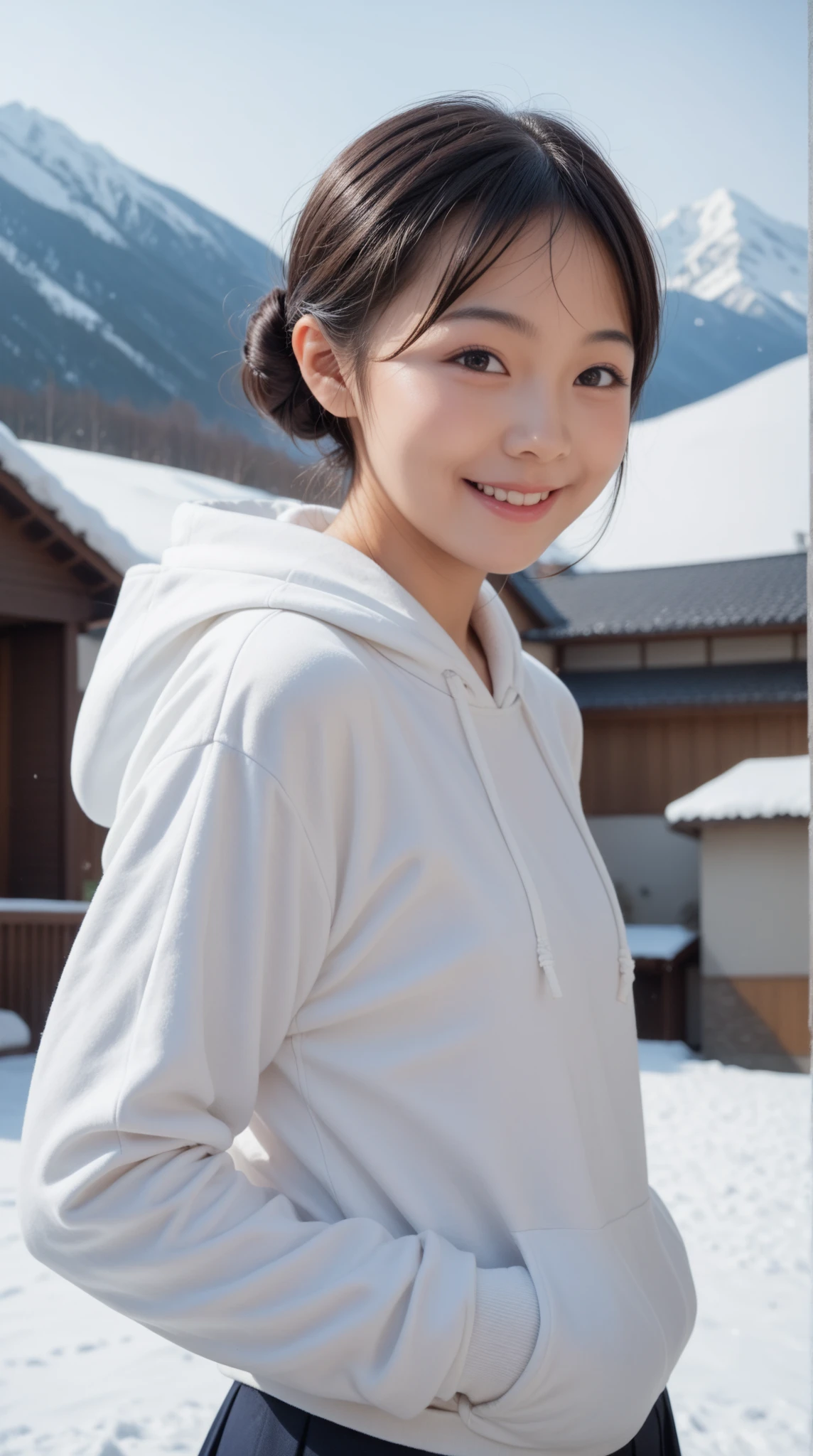 8K, 32K, real, photo-like. A Japanese high school girl with black hair in a bun, smiling, wearing a white hoodie. Her face is large and centered in a close-up shot. The background is a snowy mountain.