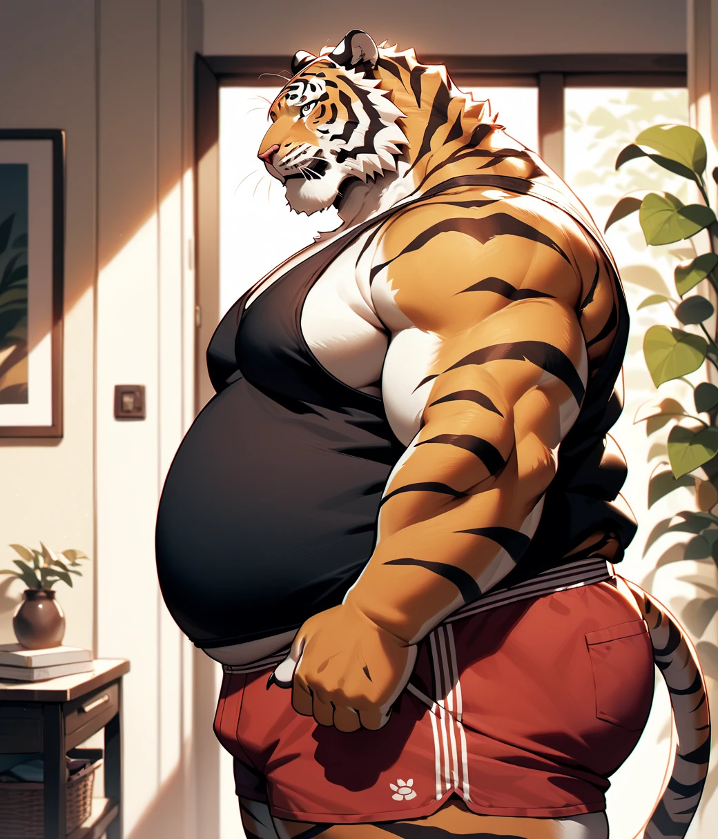 New Jersey 5 Furry,Tiger,Solitary,Chubby,Fat,Thick arms,Rugged muscles,shorts,orange Plush fur,Chubby Face,Black eyebrows,Sky blue eyes,Beard,(topless,shorts),(blush),(Sweating),Raise your arms high