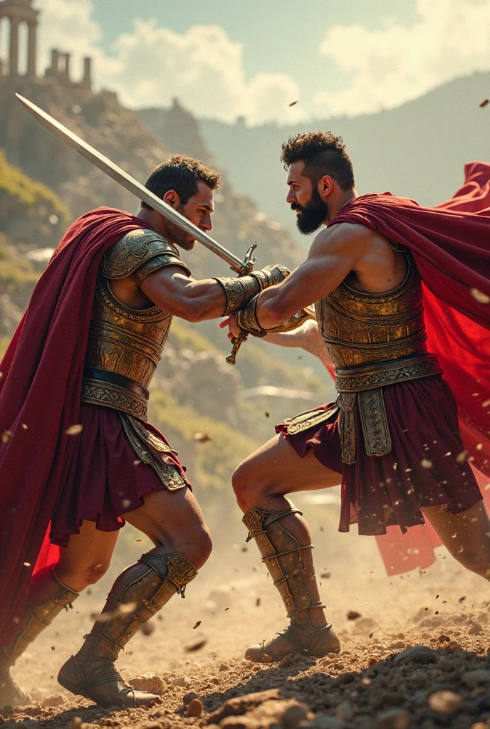 Remo crosses the line with a defiant look. Romulus, with pain in the face, raises his sword.