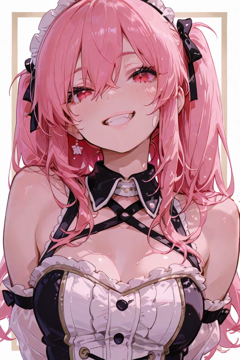 (masterpiece),(best quality),(ultra-detailed),(best illustration),(best shadow),(absurdres),(detailed background),(very aesthetic), 1girl, solo, blue-eyes, ((long-hair)), braid, boots, pink-hair, breasts, twin-braids, smile, open-mouth, cleavage, choker, large-breasts, full-body, bare-shoulders, looking-at-viewer, simple-background, hairband, blush, armor, gloves, dress, knee-boots, standing