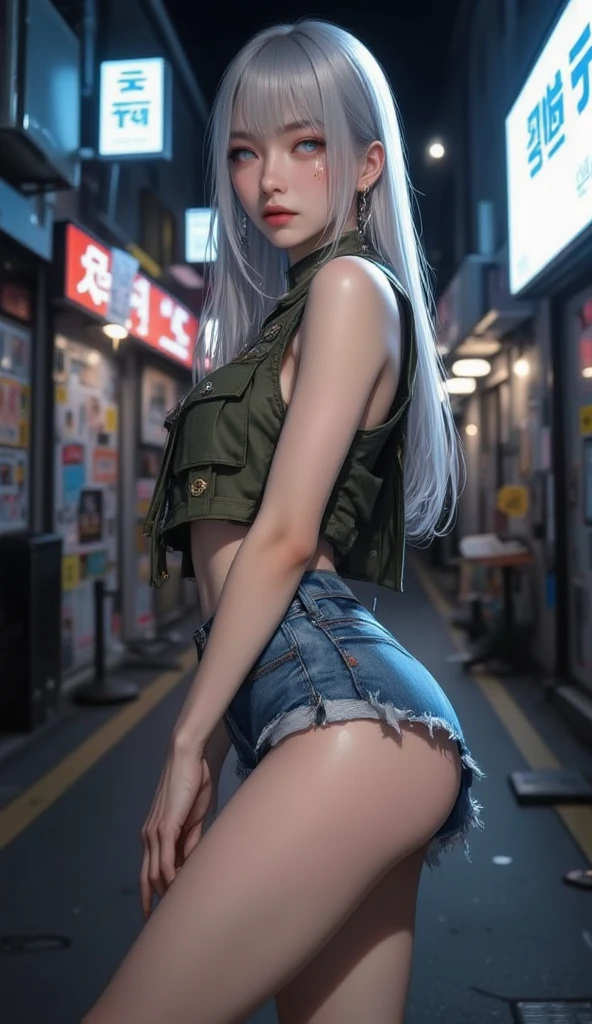 ulzzang-6500-v1.1, (raw photo:1.2), (photorealistic:1.4), beautiful detailed girl, very detailed eyes and face, beautiful detailed eyes, ridiculous, incredibly ridiculous, huge file size, super detailed, high resolution, very detailed, best quality, masterpiece, ((trendy clothing)), unity, 8k wallpaper, amazing, fine details, light on the face, very noticeable, movie lighting, 1girl, 16 years old, ((no panties)), ((dynamic pose))), (half), (stockings), ((long silver hair))), (camel toe), (from behind)