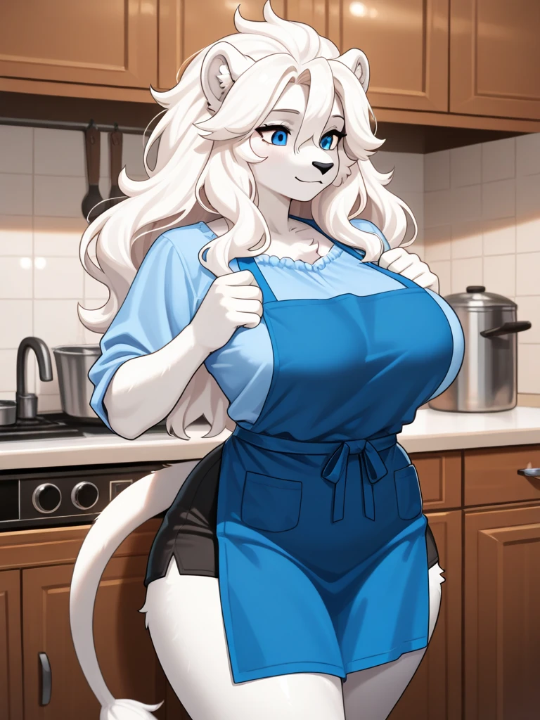 by darkgem, by duase, by kevinsano, by bigdad, soft figure, curvy, arctic fox, white fur, female, milf, older woman, furry body, wide hips, thick thighs, big arms, (huge breasts:1.1), heavy breasts, nipple outline, pale blue eyes, highly detailed eyes, blonde hair, long hair, hair bun, milf, tank top, bare midriff, cleavage, large areolae, big bottom lip, red lipstick, (low jeans:1.4), bare midriff, visible thong straps, Masterpiece, best quality, absurd res, highly detailed, cleanly drawn eyes, anthro only, kitchen environment, motherly smile, standing upright,