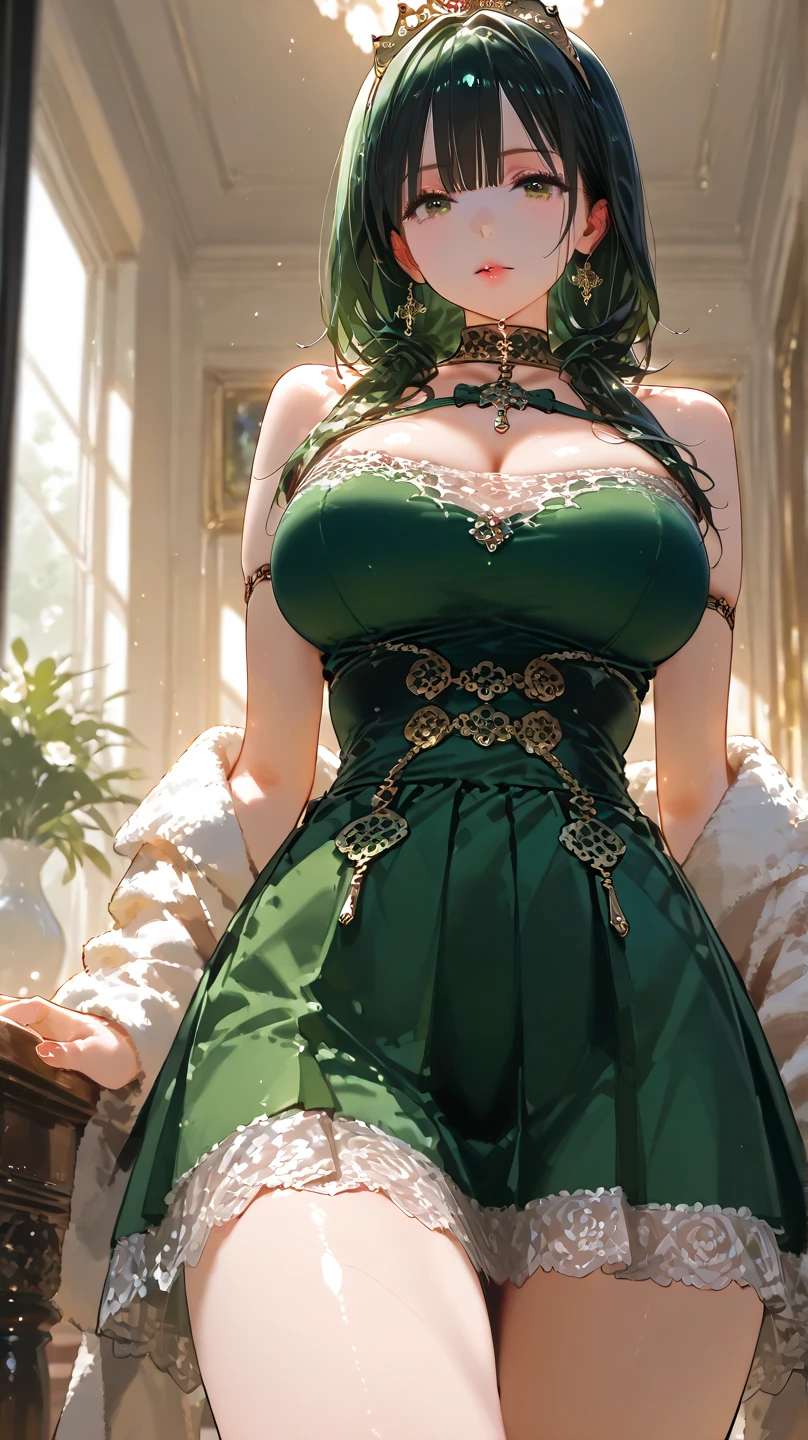 Beautiful sexy cool edgy tall, slim, fit woman, intricate and highly detailed, big firm heavy breasts, deep wide open exposed cleavage, bob black-green hair, body chain, diamond jewelry, sparkly, shiny, wlop, round premium , sexy , amazing boobies