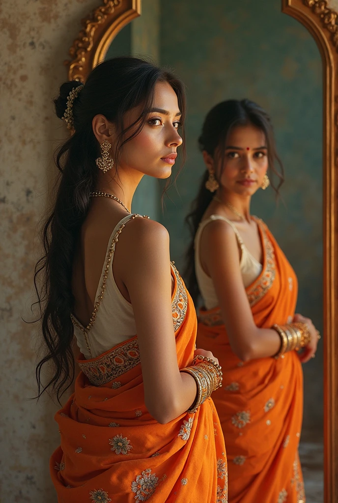 a beautiful indian lady standing  and looking at mirror