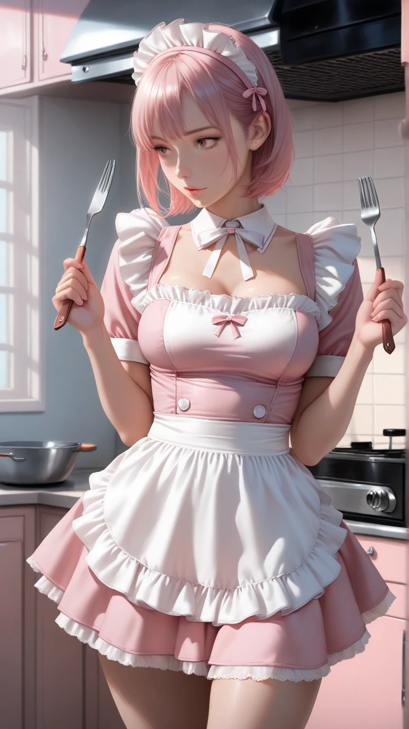 masterpiece, best quality, detailed face, detailed eyes, HUAnri, pink hair, purple eyes, flat chest, 1boy, smile, indoors, kitchen, cleaning, maid, maid headdress, maid apron, miniskirt, facing away, counter, --auto