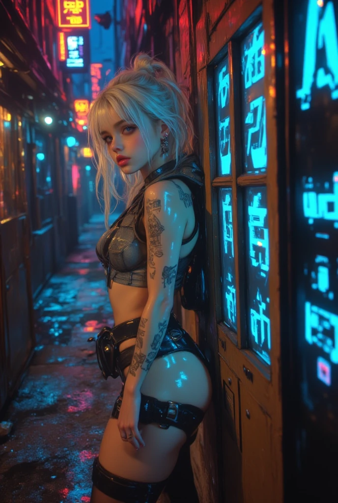 ((Best quality)), ((masterpiece)), (highly detailed:1.3), 3D, beautiful (cyberpunk:1.3) hacker woman with straight blonde hair, short side cut hair, in a garage with futuristic cars, bustling with neon signs, holograms hovering in the air, nsfw, tattoo, night