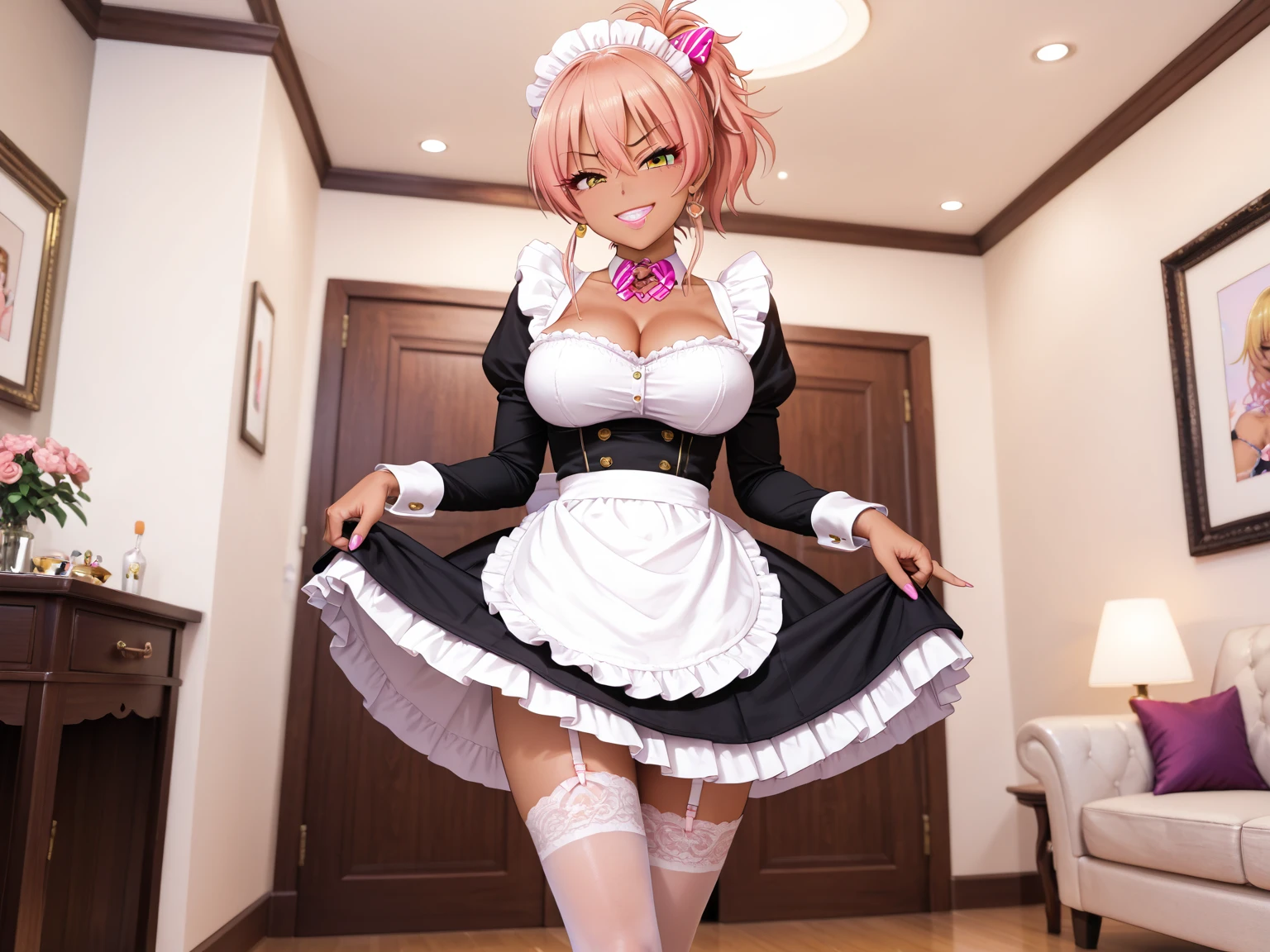Adult Woman, Adult, with Blonde Pigtails with big pink hair bows, wearing a very short pink french maid costume, Frilly Petticoats, girly, frills, huge boobs, Lots of cleaveage, very curvy, thigh highs, Curvy, wearing pink maid costume, Pink Environment, Bar, Pink Aesthetic, Pink Bow In her Hair. Horny, ahegao,