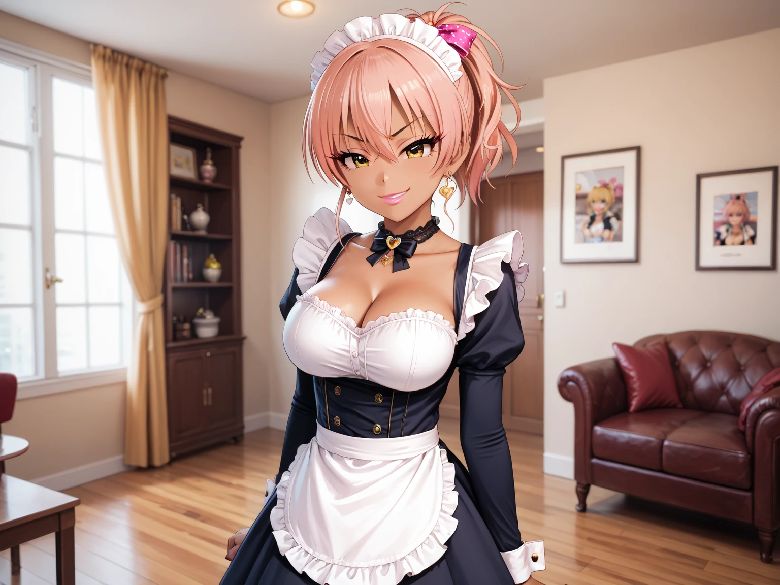 (ultra realistic,32k,RAW photo:1.1),(high detailed skin:1.1), 8k uhd, dslr, high quality, film grain, (makeup, mascara:1.1), lips,(thick\lips\), 
(shiny glossy translucent clothing:1.1), <lora:miyamoto_frederica_v1:0.7>hmfre, blonde hair, head wings, hair ornament, maid headdress, bow, bare shoulders, maid, cleavage cutout, black gloves, apron, garter straps, black thighhighs, idolmaster cinderella girls, <lora:add_detail:0.84>, huge breast, 
Spinning with dress flared out, (upper body:1.1)
 (busty:1.1) ,  (chubby:0.1),(soft shaded:1.2),<lora:LowRA:0.4>, dark theme, stealth hacker's den, encrypted hideouts, hacking tools, covert operations, digital infiltration