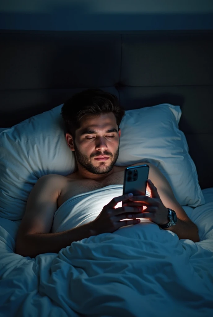 A handsome young man is lying in bed at night half covered with a blanket and shirtless looking at a mobile.