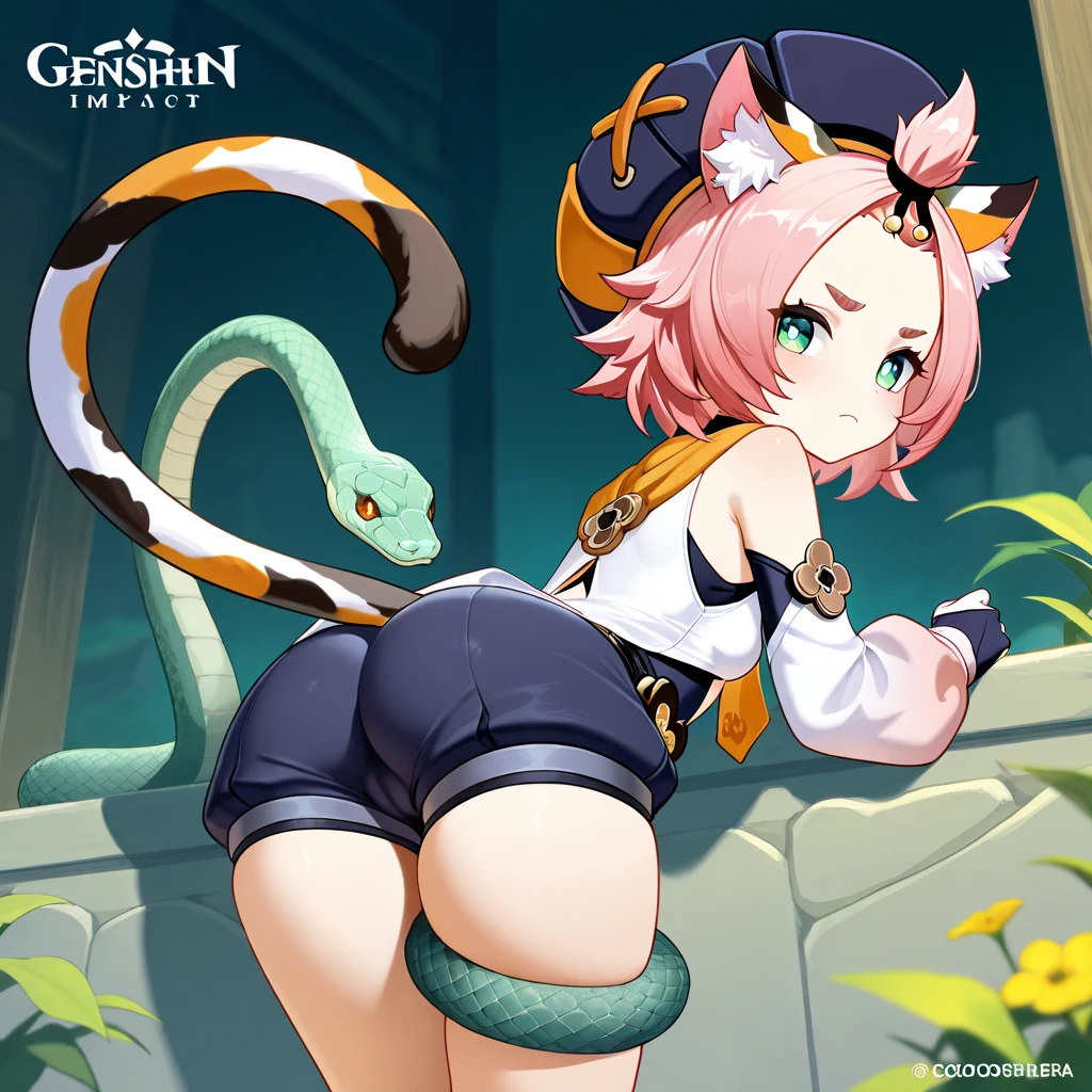 Pink hair with green edge highlights, short hair, emerald green colored eyes, small breasts, body, short body, large magical collar, slave, cat girl, cat tail, servant, sexy, cute, shy look, tied up, in a dungeon, nude, bondage, masturbating with dildo, woodenhorse