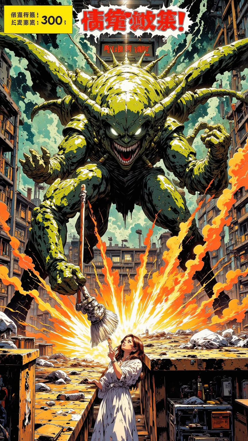 「魔王现身！厨房大战300回合」

"Epic and ridiculous manga battle: a dirty kitchen transforms into a Dragon Ball-style colosseum, housework queen vs a giant cockroach demon boss, each blow lands with comic sound effects like 'BOOM! SCRUB! SPLASH!', mop becomes an energy staff, battle lasts for 300 exaggerated panels, dramatic smoke and ridiculous commentary text boxes"

    🔹关键词强化：comic exaggeration, parody of epic battles, expressive typography, boss fight humor

