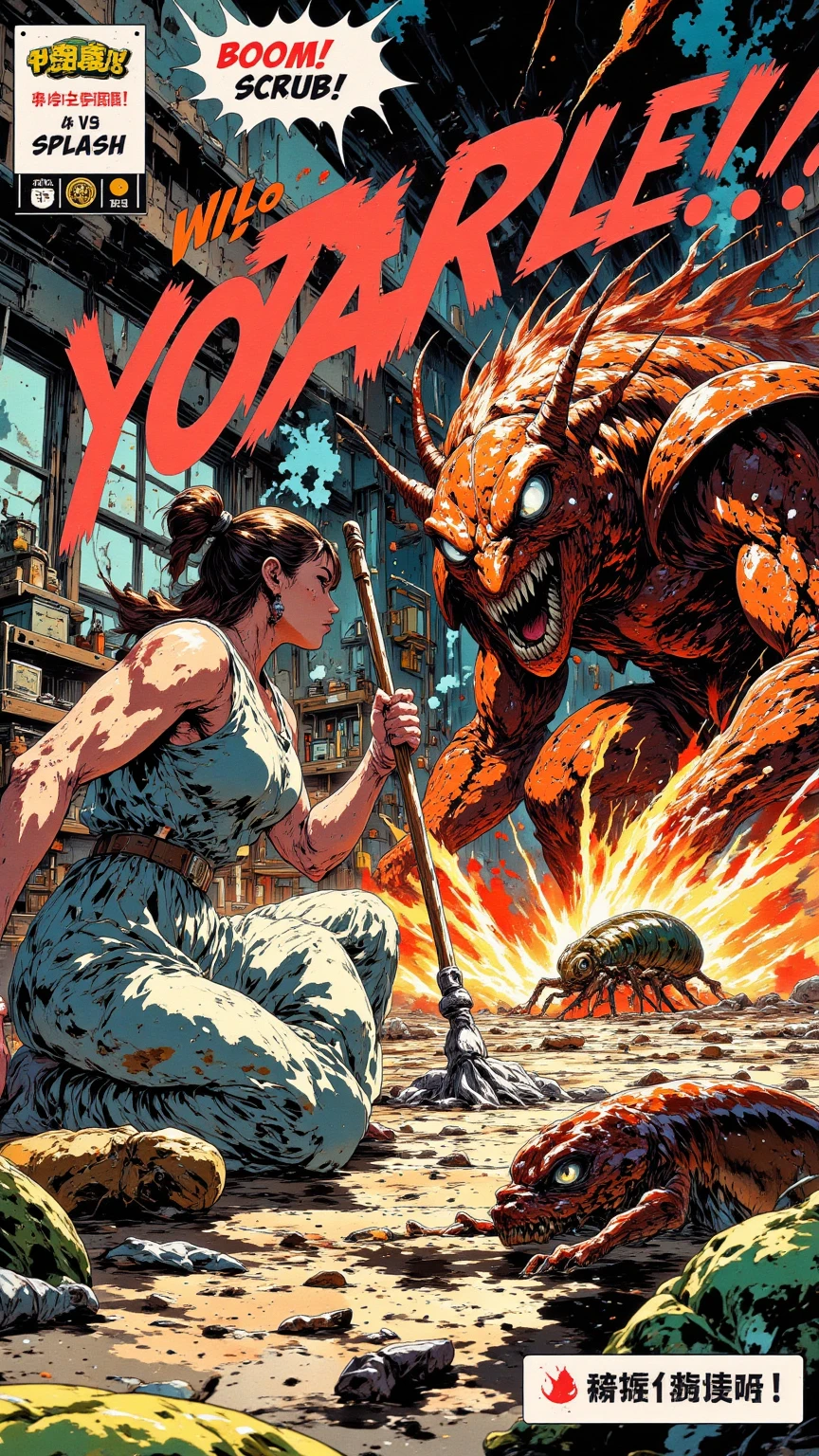 「魔王现身！厨房大战300回合」

"Epic and ridiculous manga battle: a dirty kitchen transforms into a Dragon Ball-style colosseum, housework queen vs a giant cockroach demon boss, each blow lands with comic sound effects like 'BOOM! SCRUB! SPLASH!', mop becomes an energy staff, battle lasts for 300 exaggerated panels, dramatic smoke and ridiculous commentary text boxes"

    🔹关键词强化：comic exaggeration, parody of epic battles, expressive typography, boss fight humor


