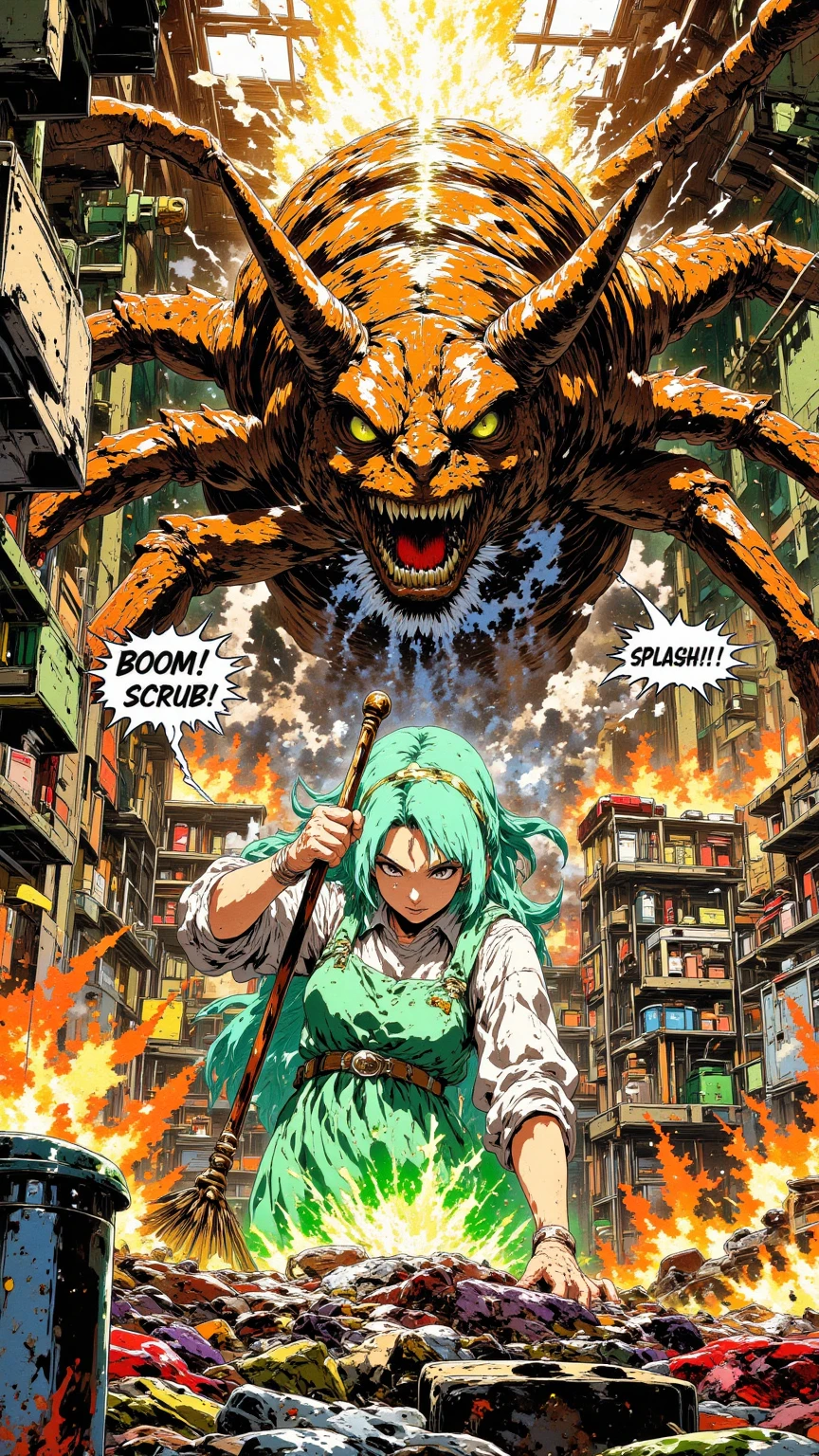 「魔王现身！厨房大战300回合」

"Epic and ridiculous manga battle: a dirty kitchen transforms into a Dragon Ball-style colosseum, housework queen vs a giant cockroach demon boss, each blow lands with comic sound effects like 'BOOM! SCRUB! SPLASH!', mop becomes an energy staff, battle lasts for 300 exaggerated panels, dramatic smoke and ridiculous commentary text boxes"

    🔹关键词强化：comic exaggeration, parody of epic battles, expressive typography, boss fight humor

