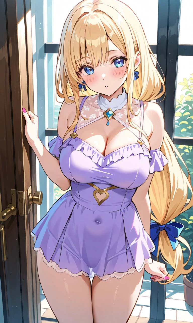 blonde Hachimiya Meguru with twintails, a very detailed face, blue eyes, a pink tight noble dress with very large breasts, a slim waist, slim hips, a very deep cleavage, golden necklaces and a golden choker,  standing in a palace room. 
