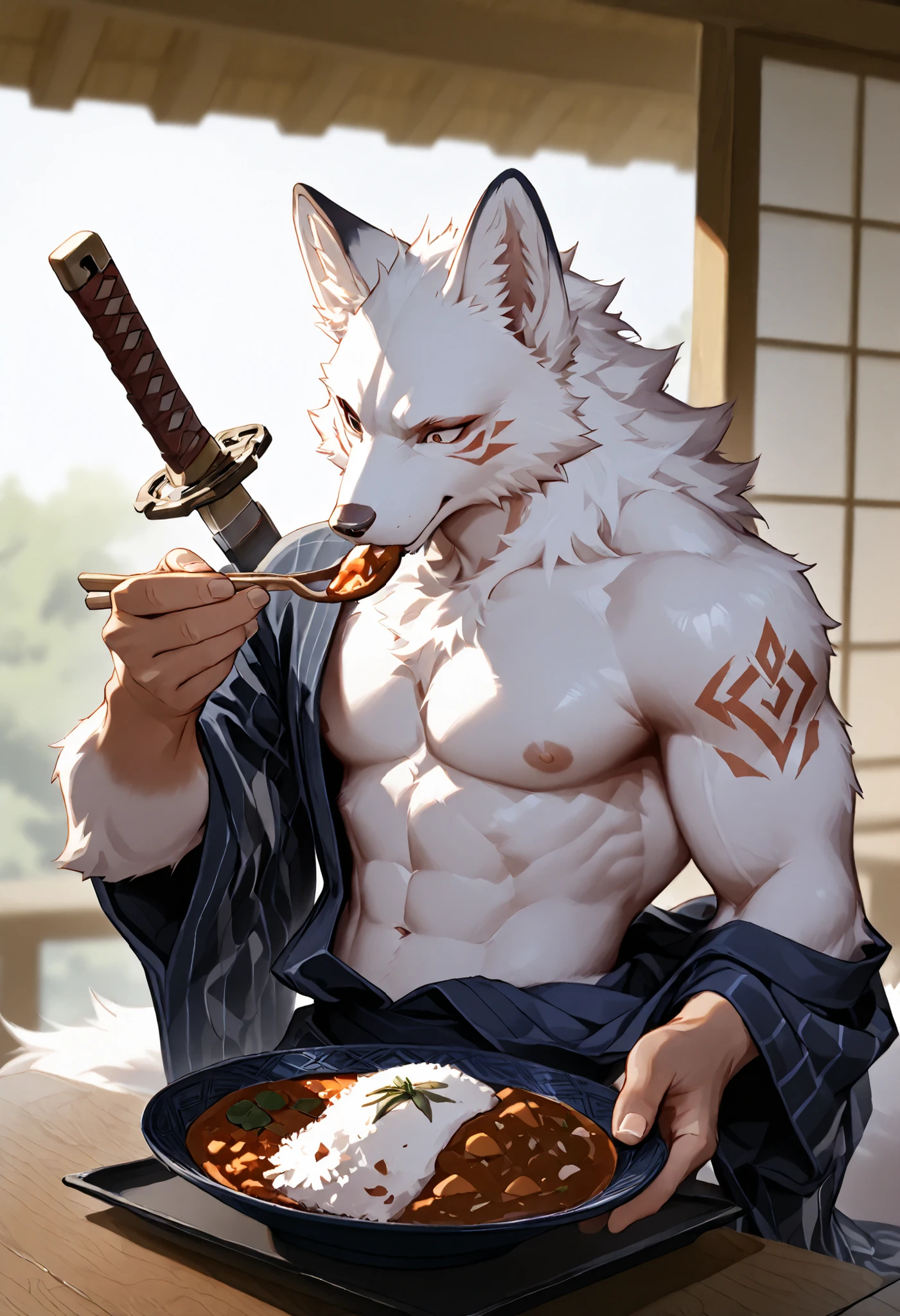 embedding:black wolf, male,purple eyes,Scar on the face, scar on the body,Single person,The fur on the chest and abdomen is white,fundoshi,Sitting by the hot spring.Wet body,High quality background,The highest quality of scene detail,adult,Tall and powerful,muscle,Best quality hands, best quality eye,detailed fur,Delicate eyes.Extreme picture quality,by sollyz,by zixiong,by milkytiger1145