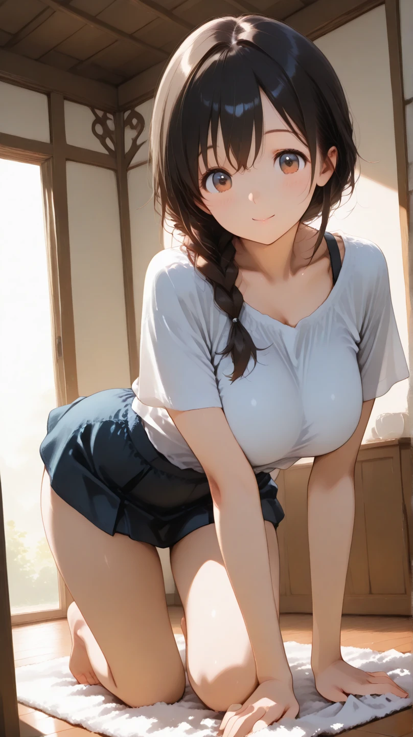 (8k, RAW photo, best quality, masterpiece, soft cinematic lighting, soft color:1.4),(POV,from above:-0.0),(from below,ceiling:1.5),( looking down at viewer:1.5),(eyes focus,Close-up beautiful eyes:1.5), (realistic:1.2), (indoor background), (solo, mature woman,19years old,super beautiful face,super detaild beautiful eyes :1.5), {sailor uniform,(show off nipple:0.5),low-cut miniskirt,sheer :1.3}, (embarrassed,red Cheeks:1.25),long hair, {{slicked back hair}}, white blonde color hair, clean skin, (smaller butt:0.5),(coverd nipple:0.8),(sagging huge long wide heavy breasts,puffy areola:1.5),(under boob:1.6), (thick, curvy:1.3),(very skinny:1.5),(temptation pose,open legs:1.7),(open mouth:1.1),(kneeling:1.6),