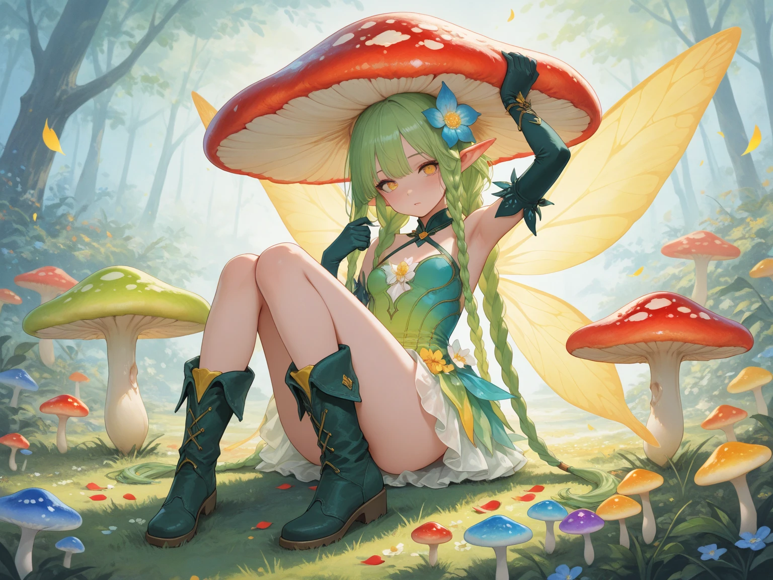 Forest fairy, beautiful woman 25 years old, beautiful body, aesthetics of the female body, macro photography, dew drops, giant grass, fairy tale atmosphere, fabulous bright houses in the grass, stump village, fairy town, many colorful mushrooms, mushroom village