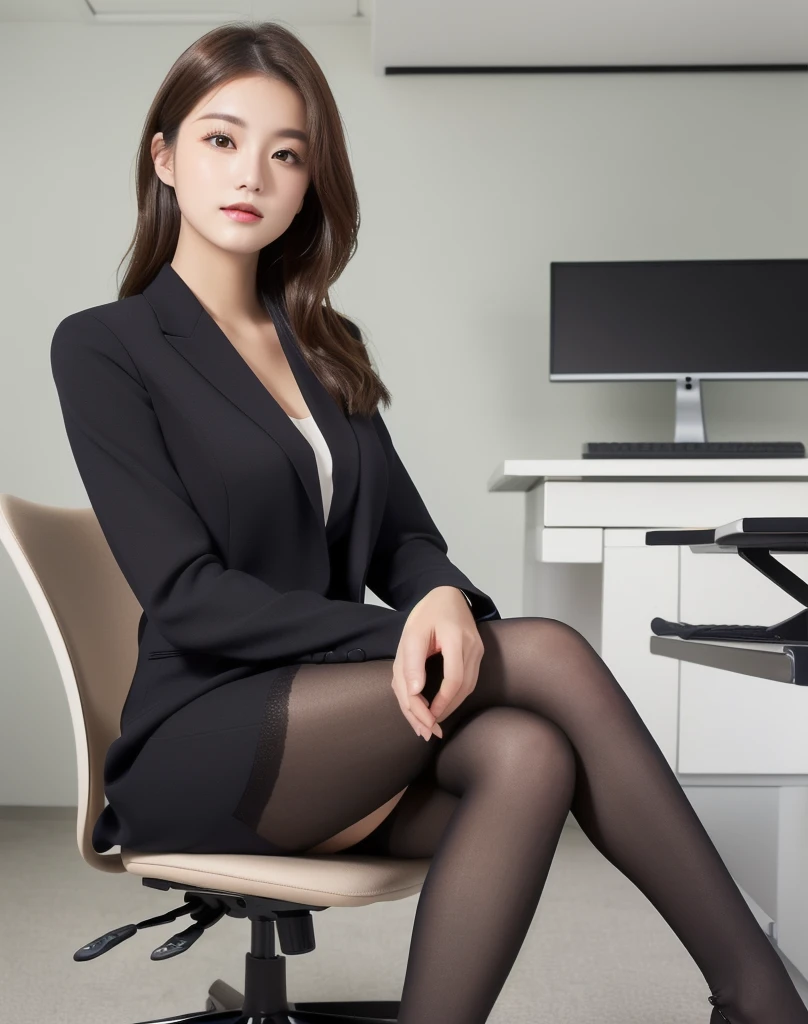 Best quality, full-body portraits, delicated face, Nice face, asiagirl，ssmile，(Cute face:1.1)，(Slim figure:1.1), office lady uniform, Office clothes, black pantyhoses，cabelos preto e longos，curly，high-heels，(legs long:1.1)，sittinng on the desk，Sit Pose，super detailing