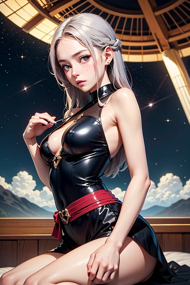 A photograph of mid-twenties Japanese female android made of shiny white and silver translucent glass and plastic, geisha makeup and hairstyle, silver metal internal body mechanisms, dynamic pose, flowing organic construction, glowing golden circuitry, colorful neon trim, glowing circuitry, neon trim, depth of field focus f/2.8, art by H.R. Giger, Greg Rutowski