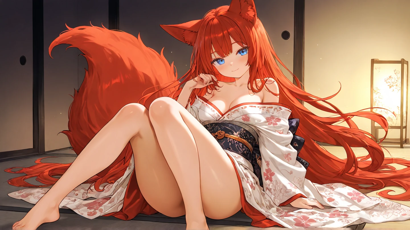 1girl with long red hair, amber eyes, fox ears, slender body, ,fox tail, red kimono, touching her stomach, outdoors, near lake