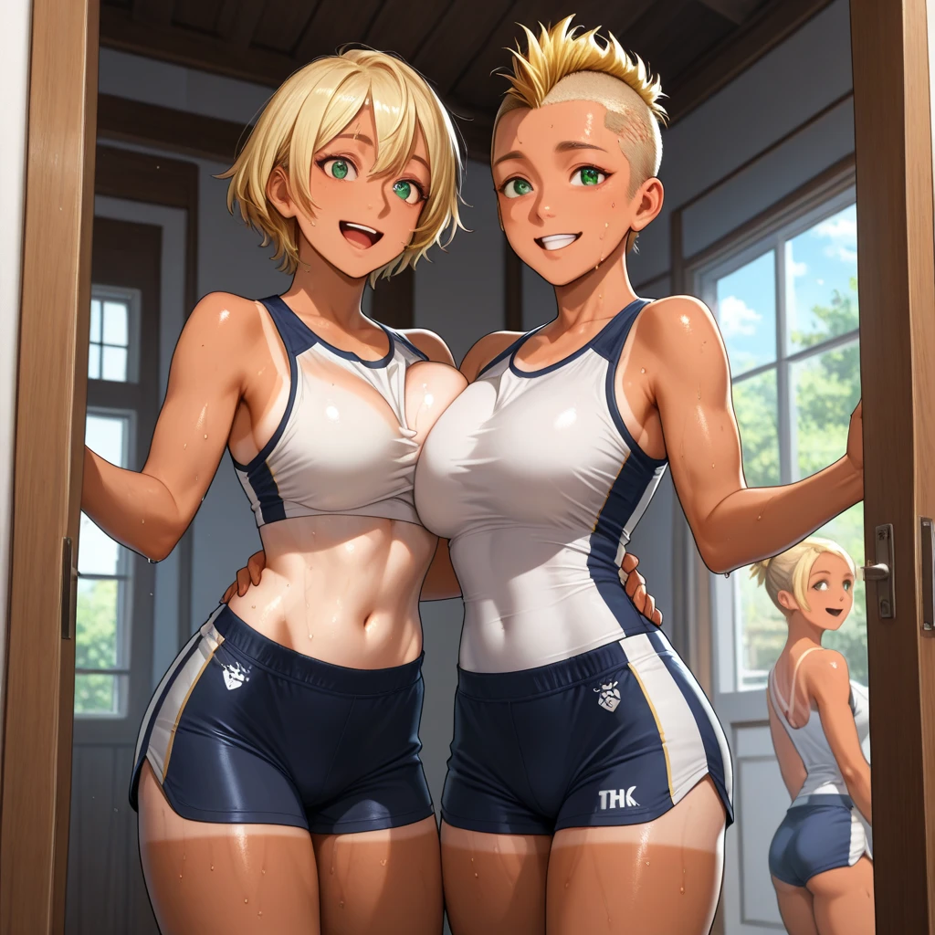 American 40 years old women
Wearing pink bra and tight shorts
Hair colour blonde
Body measurement is breasts 52inches
, Waist 34 inches abs , 65 inches hips
Eyes colour light green.
2 womens both in the gym doing pushups and squats