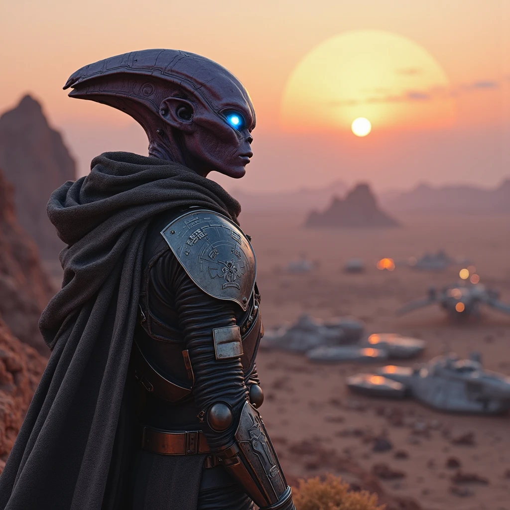 SentinelBot. This is a CGI-rendered image depicting a futuristic humanoid robot standing against a dramatic sunset sky. The robot, primarily white with metallic textures and mechanical details, has a sleek and streamlined design. It stands upright on two legs, with a muscular torso and defined abs, giving it a human-like appearance. The robot's head is devoid of facial features, but it has a stern, almost human-like expression. Its eyes are dark and unblinking, adding to the eerie, robotic nature of its demeanor.
The robot is dressed in a simple, white, draped cloth that covers its lower body, possibly signifying a traditional or cultural attire. In its right hand, it holds a long, spear-like weapon with a sharp, pointed tip, suggesting a warrior or guardian role. The background features a serene sunset sky with soft, pastel hues of orange, yellow, and pink, creating a serene yet dramatic contrast with the robot's cold, metallic presence.
The image is highly detailed, with visible seams and rivets on the robot's body, emphasizing its mechanical construction. The overall mood is both futuristic and solemn, with the robot's stance and the serene background creating a sense of contemplation and readiness. <lora:The_Vanguard:1.1>