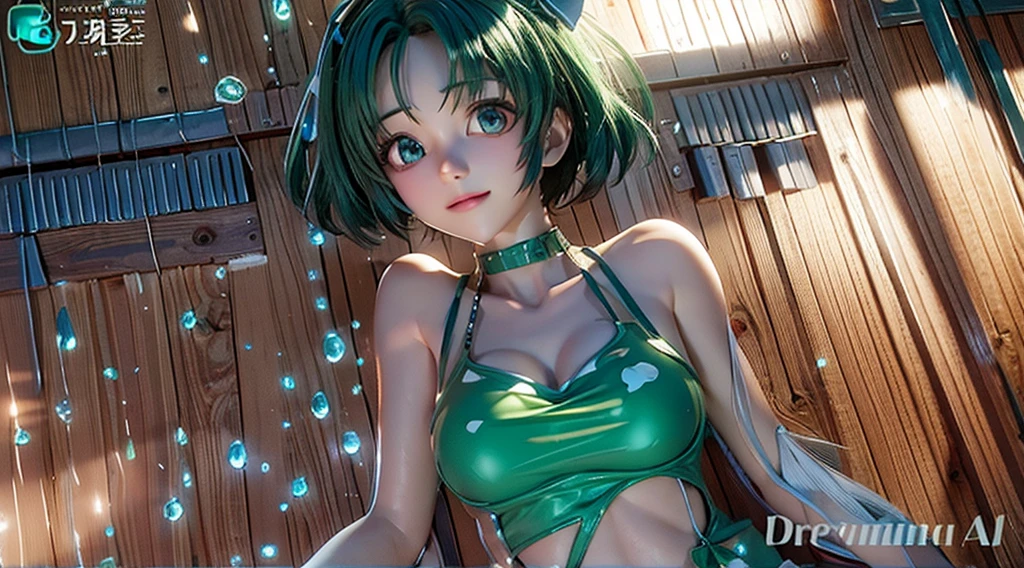 (masterpiece, best quality, 8K, sharp focus, depth of field, best shade, perfect lighting, high dynamic range, Realistic skin texture, ultra-detailed background, detailed), anime style, 2 women kissing (one of them has green eyes, White skin, Black hair ponytail, collar, small breasts, Slim, cosmetic, Eyeliner, flash), (Another woman has blond hair), exist, Cyberpunk theme, Cyberpunk City.