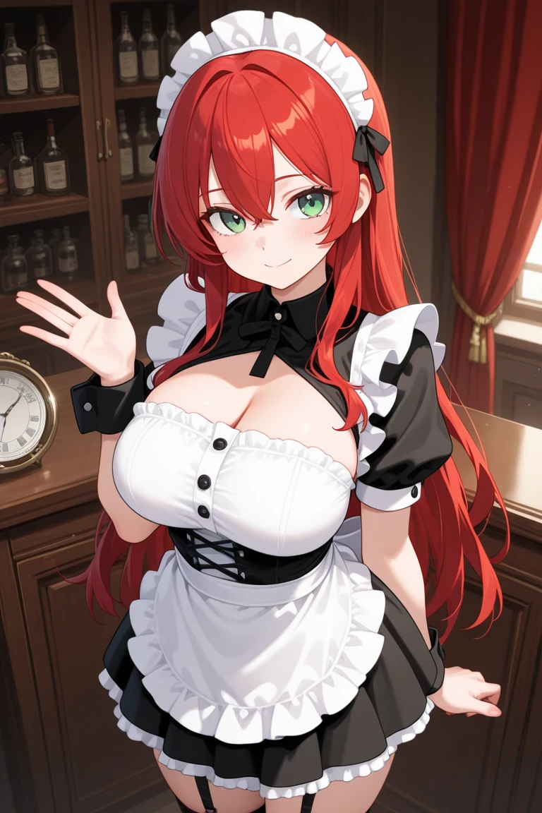 best quality, red hair,red eyes,masterpiece, highres, solo, (maid:1.40), (short sexy maid dress:1.15),clavage,BRAKE