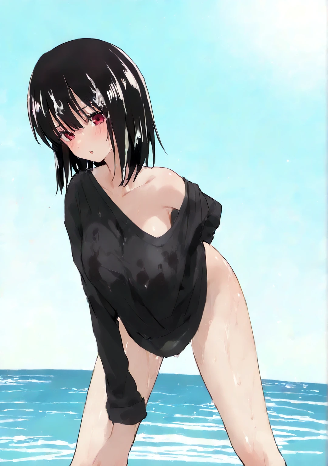 One person、Pussy、Nipples、tideland、blue sky、Torn black T-shirt、Half naked、Black Swimsuit、Short black hair、Thighs、Girl、Girl、Short、Younger、Lower school year、Baby Face、Both eyes open、flat chest、refreshing、Innocence、Glaring、Dynamic Angle、Beach、My feet are covered in mud、There's a little bit of mud on my face、sunlight、masterpiece、best quality、ultra-detail、Seaside、Sandy Beach、Sweat、event