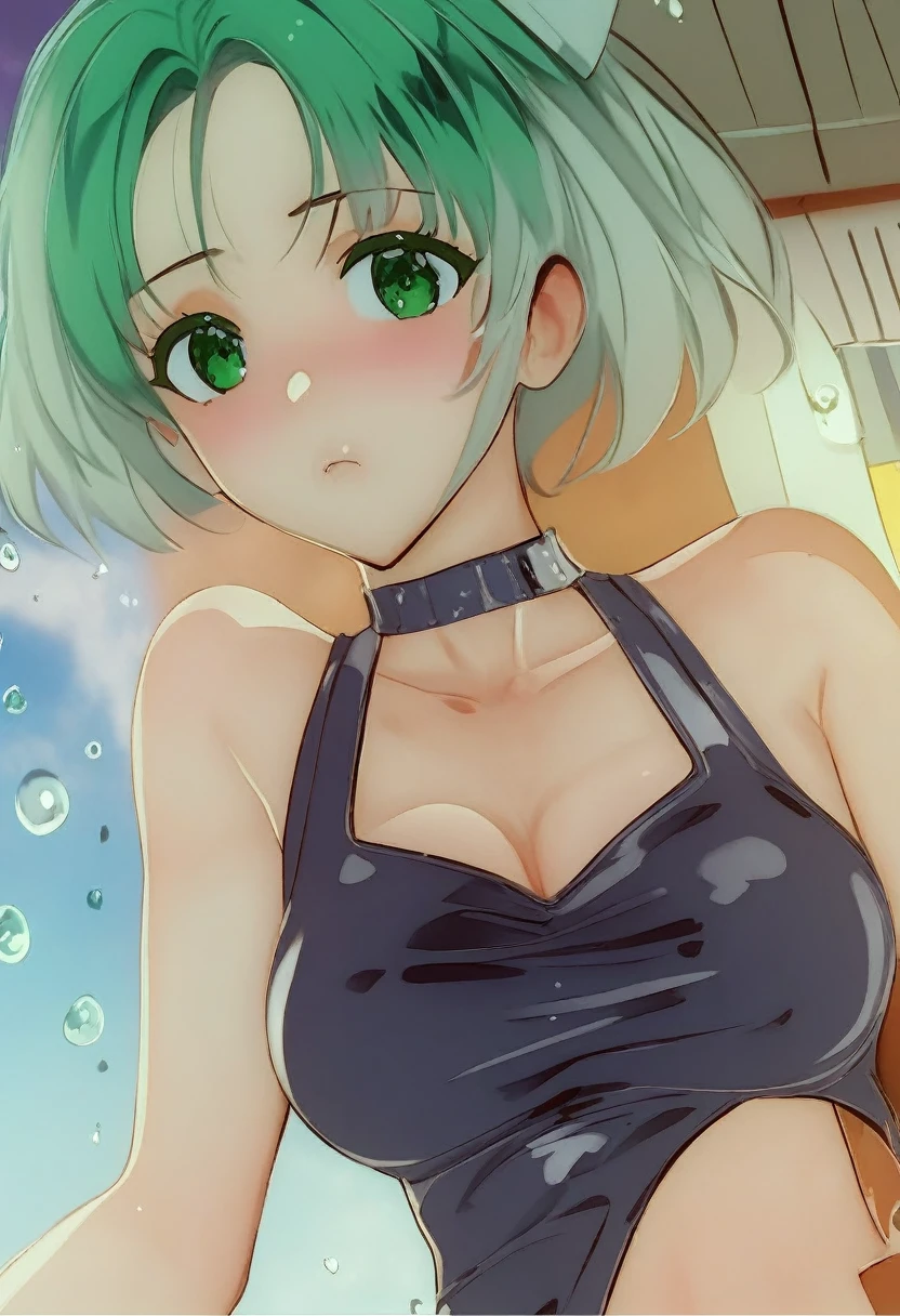 mastute piece,Best Quality,insanely detailed,8k cg,nsfw,
(shoot upper body:1.3),
(1girls:1.3),standing,looking at viewr,body in front,((both arms behind back:1.4)),(transparent white school swimsuit:1.3,),(bare breasts:1.4),break,
blush,shy,(ecstasy face),(trembling:1.2),break,(light green hair:1.3),
break,
perfect breasts,(perfect teats:1.2),(open mouth:0.9),(large breasts:1.3),
(poolside:1.1),