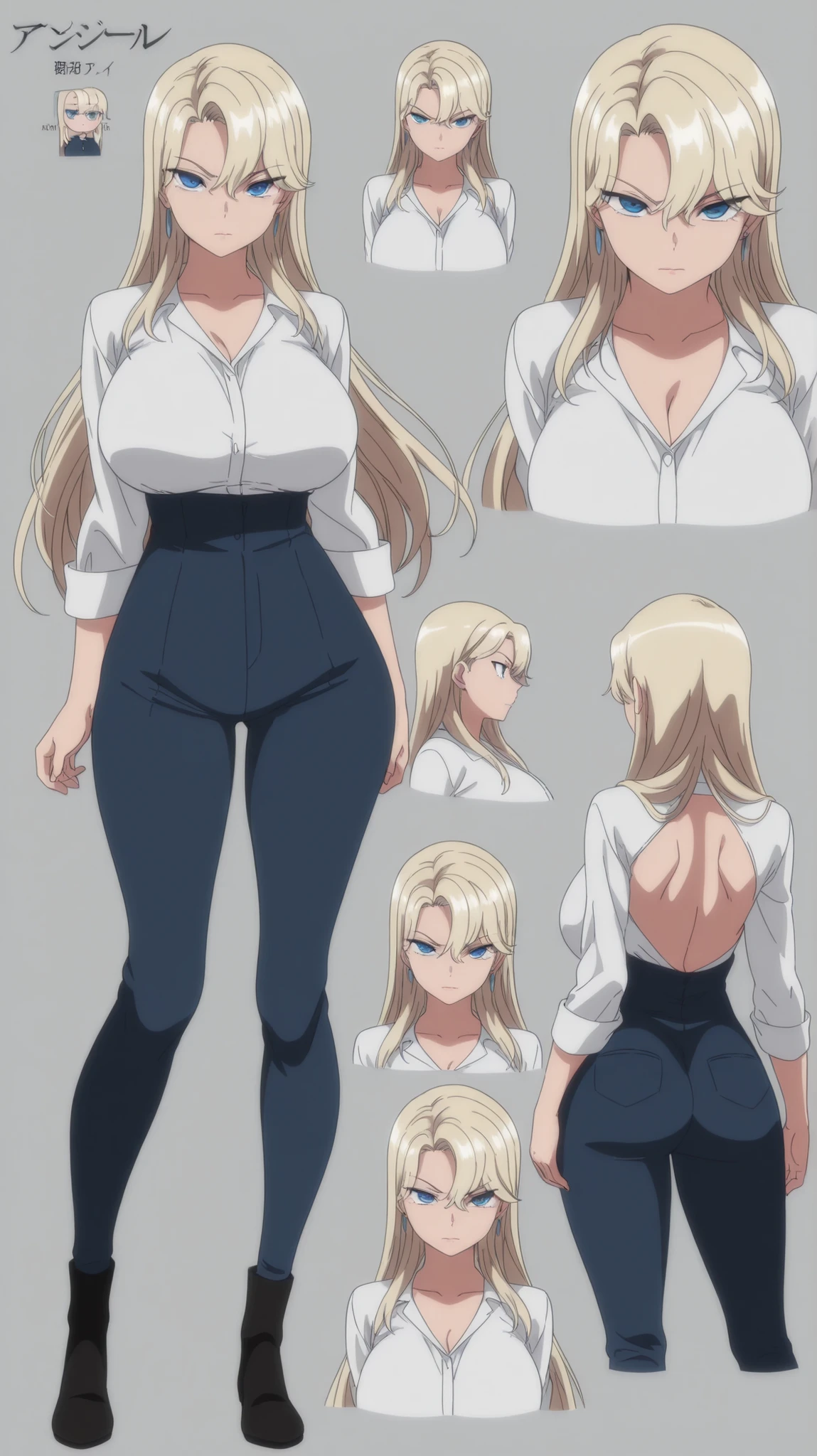 ((alone, 1 female)), adult female, masterpiece, top quality, (big breasts), long hair, yellow hair, blue eyes, blush, full body, white long sleeve shirt, serious, angry do:0.8, standing straight, black stockings