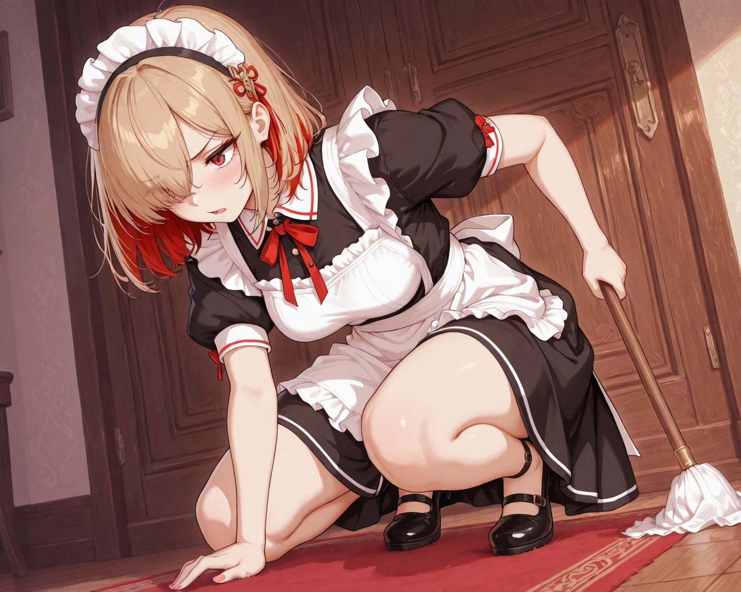 2d, masterpiece, best quality, anime, highly detailed face, highly detailed eyes, highly detailed background, perfect lighting, full body, cowboy shot, 1 girl, solo, ruby mobile legends, red dress, (white thighhighs) , low twintails, red hoodie, red bow, frills, choker, big breasts,leaning on wall, (((holding pee))), (desperate to pee),(holding the crotch) ,one second to wetting, girl who didn't make it to toilet in time, ((relaxed face expression))