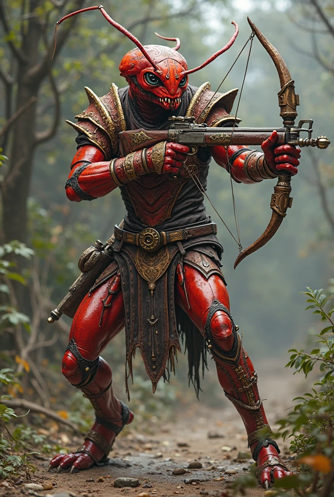 Um Demonio com a pele vermelha , chifres vermelhos , olhos pretos , uma katana, cavanhaque feito