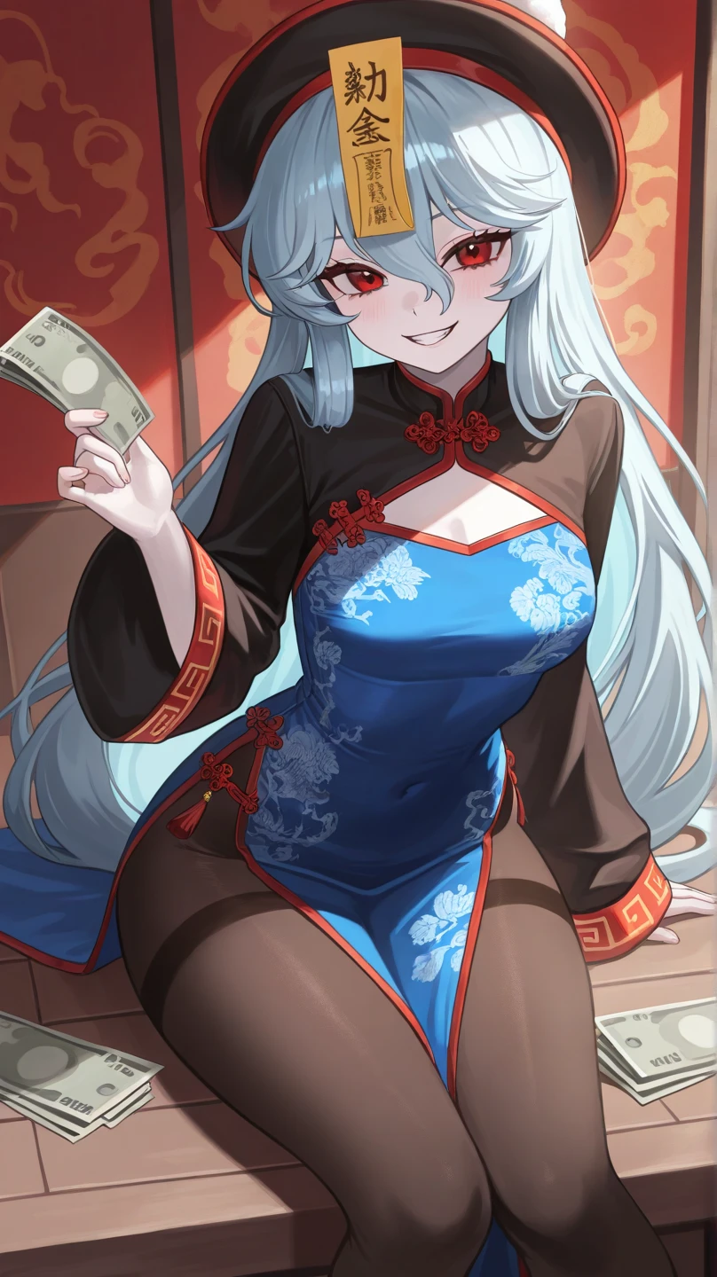 Adult woman, navy blue hair, The ends of gray hair, hairlong, beautiful hairstyle, hair ornament, white eyes, Chinese Clothing, Ornaments, Rings, Heels, Ancient Chinese themes, looking a viewer, Happy smile, overhead view, Lies on the money, gold coins, A mountain of money, Fantasy art, Beautiful painting of characters, Works of art in the style of Guvaika, epic exquisite character art, stunning character art, Beautiful Killer Woman (reference sheet:1.5