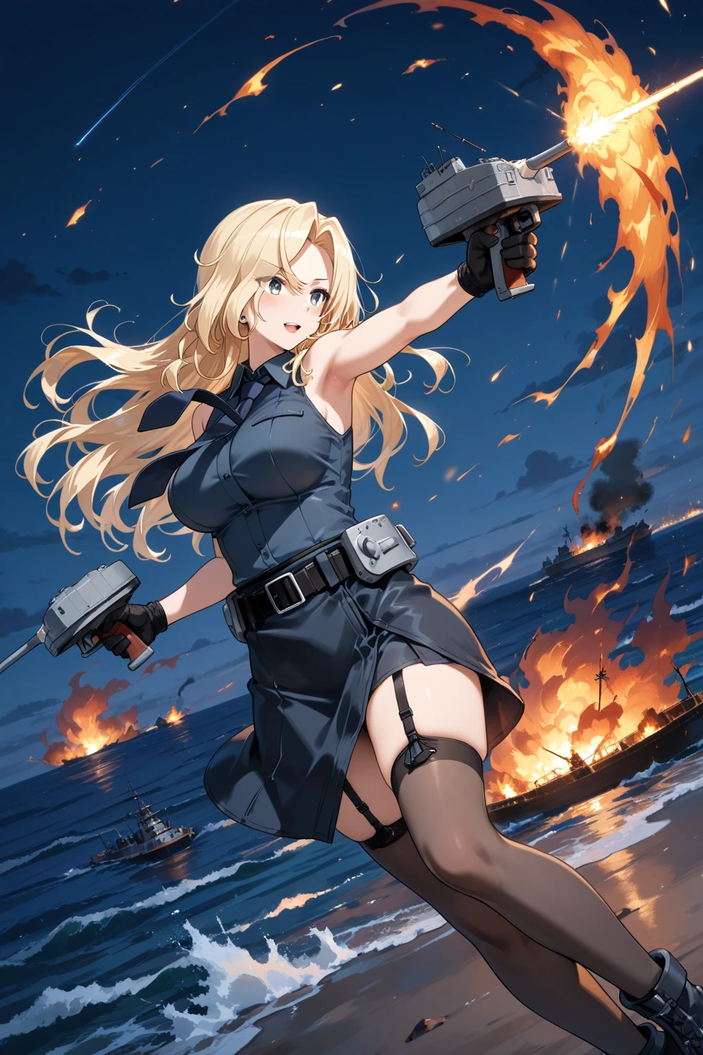 ​masterpiece, Top image quality, hight resolution, Beautiful blonde girl、女の子1人、Whole human body、Blue eyes、deadpan、Black tank top、jean skirt、semi long hair、is standing、showing butt、Shot a bazooka、by night、Naval port blown up in flames、Building in flames、Ship blasted into flames