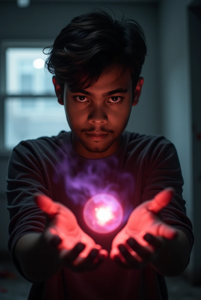 best quality, masterpiece, extremely detailed, masculine, 25 year old muscular bodybuilder indonesian man, wearing glasses, round face with chubby cheeks, (muscular bodybuilder), very cheeky smile, fitted clothes, glowing quartz crystal pendant, leaning against bookshelf, reaching out hand towards camera, in library, afterhours, lights off, at midnight, cinematic shadows, dreamy atmosphere, perfect face, perfect hands, perfection