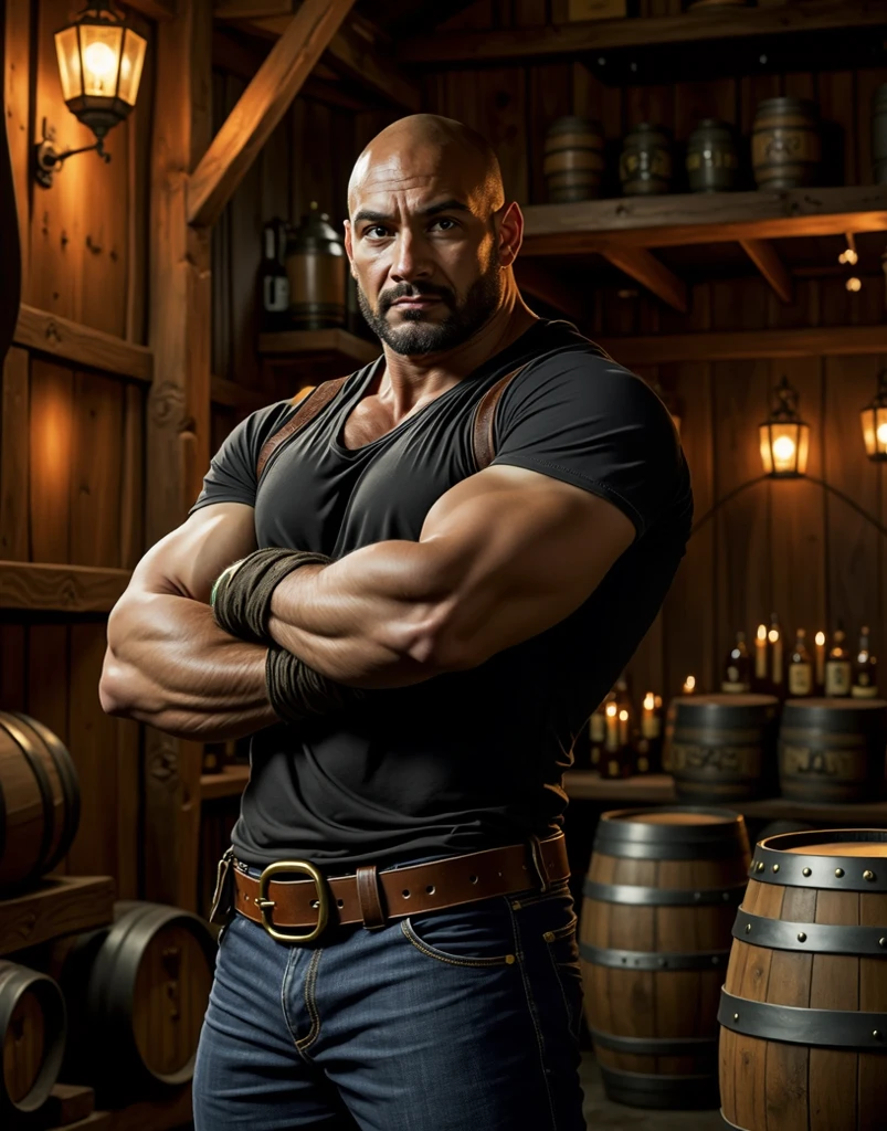 ((Highest quality, Ultra-detailed, Masterpiece: 1.1)), The dramatic scene showcases a captivating moment from the Hollywood Zakoshi Show featuring a man with a shaved head, medium build, and 48 years of age. He calls out "Tin Kong Kan Kong" as he moves right and left, barefoot and only wearing a black cowboy hat.

His uniquely intriguing demeanor draws the viewer's attention, with every detail carefully captured, from the lines on his face to the muscles in his body.

The setting exudes a raw, earthy atmosphere. The man, shrouded in mystery, defies typical Hollywood standards